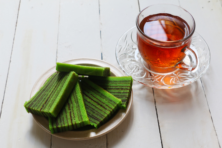 Sarawak traditional cake. Kek Lapis and teaの写真素材
