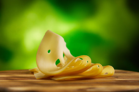 slices of cheese on a wooden board on a sunny day. a tray with cheese outdoors on a green background. High quality 4k footageの写真素材