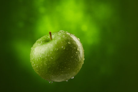 green apple with water drops on a green background. fresh fruit close-up. High quality 4k footageの写真素材