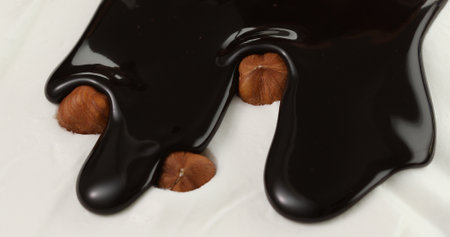 liquid chocolate on cream with nuts. chocolate flow covers hazelnuts and cream filling. brown topping on white creamy mass with whole nuts. cooking dessert close-up.の写真素材