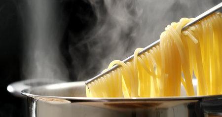 cooking pasta. spaghetti is taken out of the pan with tongs. steam hot food. close-up.の写真素材