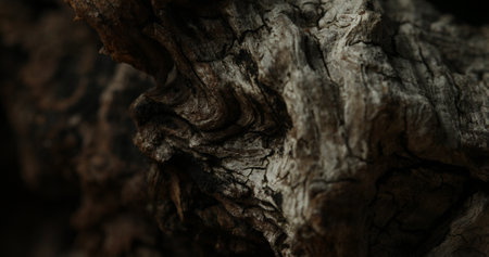 A close-up view of weathered tree bark showcasing deep grooves and rough textures. The shot captures the intricate details of aged wood, emphasizing its natural beauty and rugged form.の写真素材