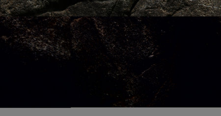 Close-up view of a dark rock surface showing prominent natural cracks and rich textures. The rugged details highlight the weathered and coarse nature of stone, making it a compelling backdrop.の写真素材