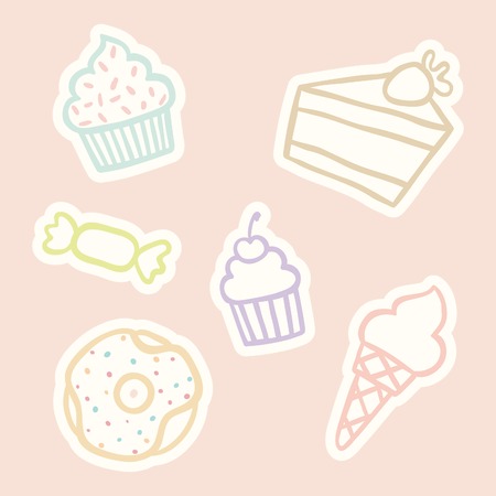 Cupcake, piece of cake, ice cream cone, candy, donut. Vector EPS10 hand drawn isolated objectsのイラスト素材