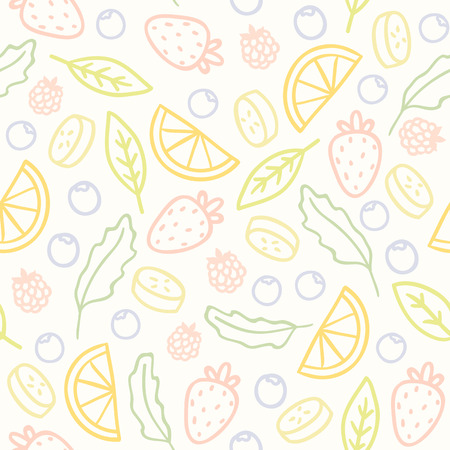 Doodle fruits and berries seamless pattern. Vector illustrationのイラスト素材