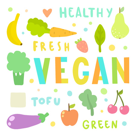 Vegan illustration. Vegetables and fruits. Hand drawn vectorのイラスト素材