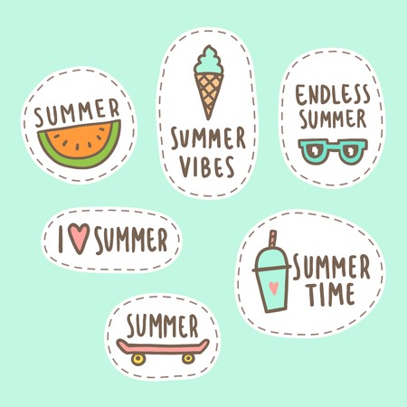 Set of cute summer stickers. Vector hand drawn illustrationのイラスト素材