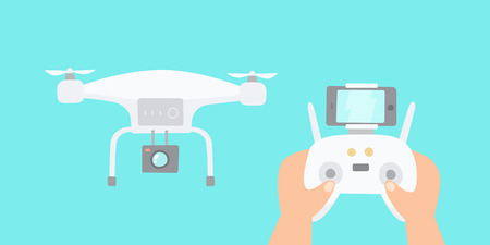 Hands holding drones controller. Vector cartoon illustration
