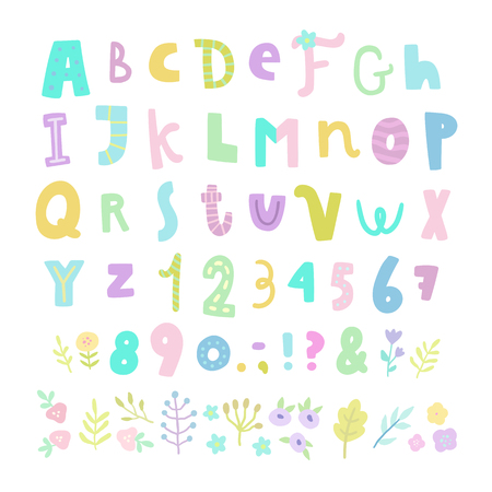 Funny font. Letters, numbers and flowers. Vector hand drawn illustrationのイラスト素材