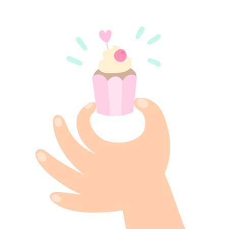 Hand holding a cupcake. Isolated on white. Vector hand drawn cartoon illustrationのイラスト素材