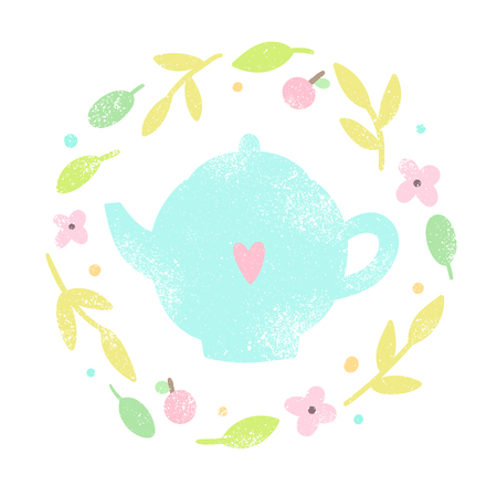 Cute teapot in a floral laurel. Vector hand drawn old textured illustration.のイラスト素材