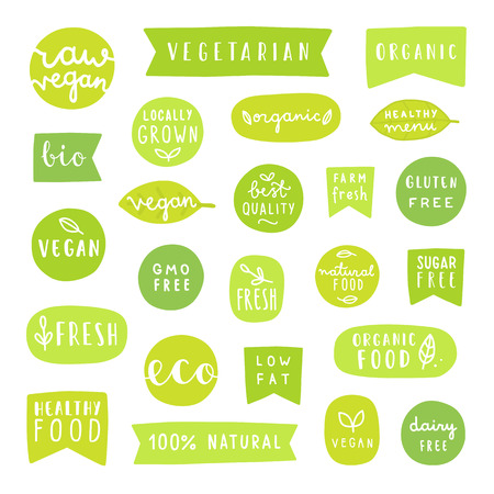 Big set of healthy food badges. Bio, organic, vegan fresh etc. Can be used for your product packaging design.のイラスト素材