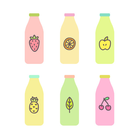 Six different bottles with nice or smoothie. Vector cartoon illustrationの写真素材