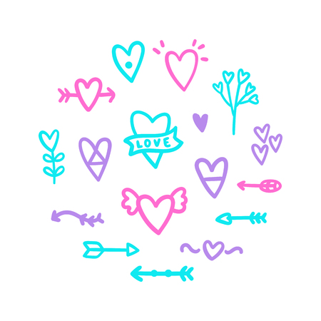 Different hearts doodles. Vector hand drawn illustrationのイラスト素材