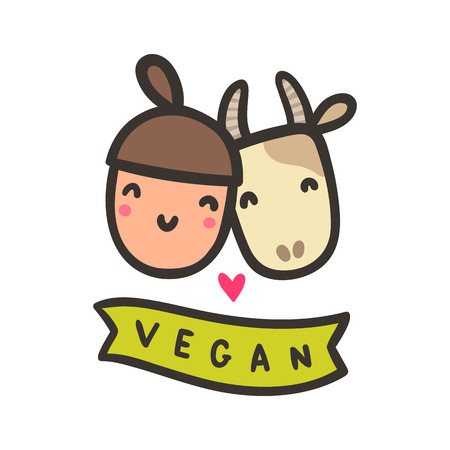 Happy girl and cow. Vegan hand drawn vector cartoon illustrationの写真素材