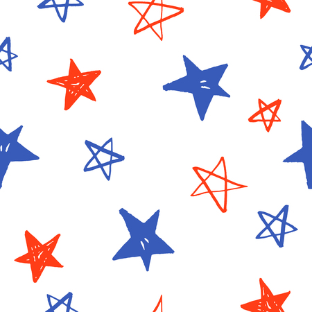 Sketchy hand drawn stars. Red and blue colours on a white background. Vector seamless pattern.の写真素材