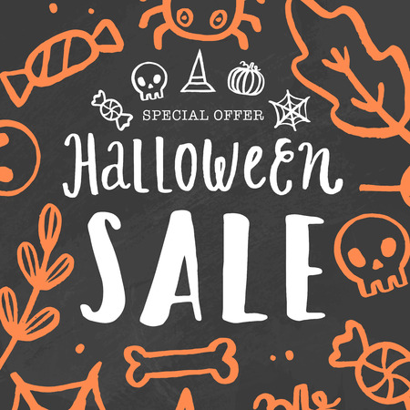 Halloween sale template. Vector hand drawn lettering and doodles.のイラスト素材
