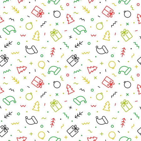 Flat outline Christmas seamless pattern. Vector modern background.のイラスト素材