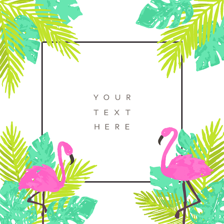 Summer tropical background design with palm leaves, flamingos. Vector illustrationのイラスト素材