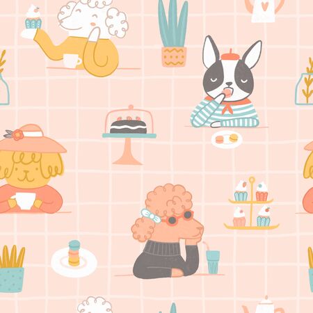 Dogs in a cafe. Cute seamless pattern.の写真素材
