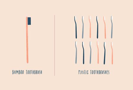 Zero waste bamboo toothbrush vs plastic toothbrushのイラスト素材