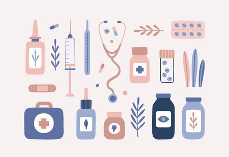 Pastel medical stuff and plants. Isolated objectsのイラスト素材