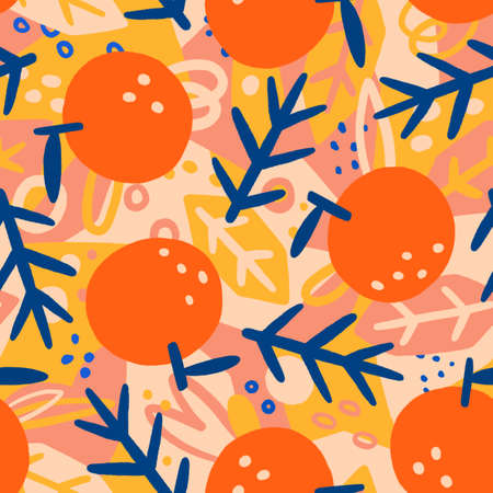 Mandarins and branches. Christmas seamless pattern