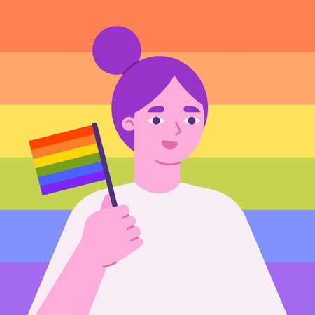 Female holding pride flag on rainbow backgroundのイラスト素材