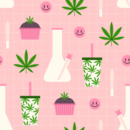 Cannabis leaf, bong and edibles. Seamless patternのイラスト素材