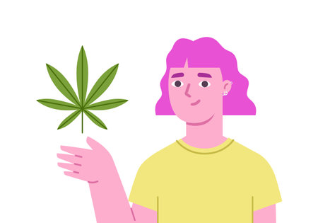 Caucasian female presenting cannabis leaf on handのイラスト素材