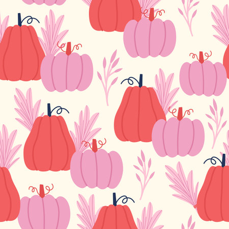 Cute pumpkins and plants seamless pattern.のイラスト素材