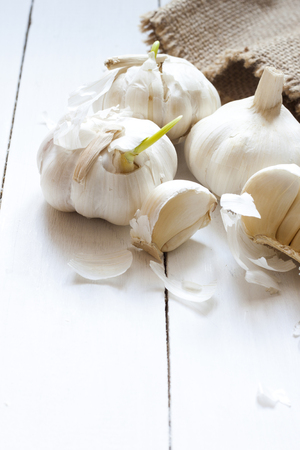 Fresh garlic on white deskの写真素材