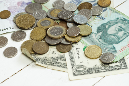 Cash on table:dollars, euro, rublの写真素材