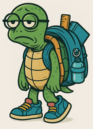 Turtle with a backpack and a bottle of water. Vector illustration.