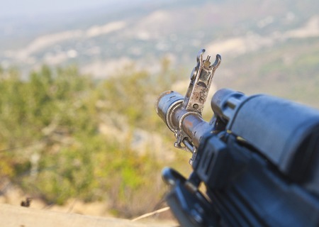 Kalashnikov assault rifle in the embrasure ak-74の写真素材