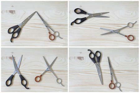 Two Scissors cut and wood background.