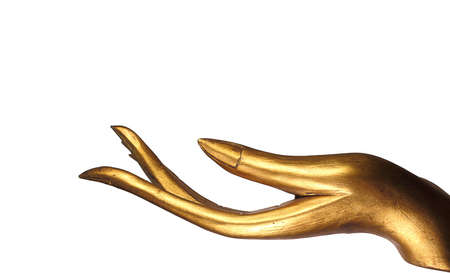 Buddha Hands make form wood and pain gold color.white backgroundの写真素材