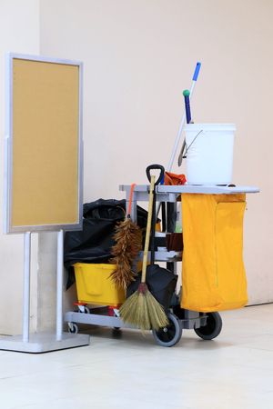 Yellow mop bucket and set of cleaning equipment in the airport. Donmuang international Airport ,Thailandの写真素材