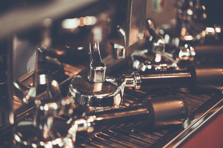 Freshly Grind Coffee in Portafilter. Professional Espresso Making. Coffee Preparing Equipment.Color vintage style.Thailandの写真素材