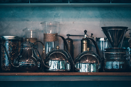 Accessories and items for coffee on a background of a concreat wall. School barista. Equipment for cafes.color Retro Style.Thailandの写真素材