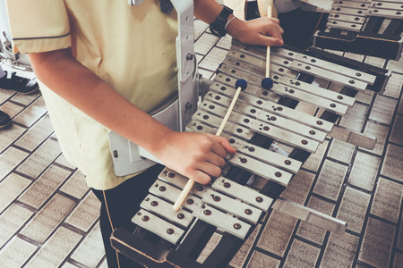 the boy train music by Xylophone ( Glockenspiel )   for marching band , Color Vintage style , Thailandの写真素材