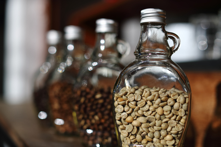 Green beans inside the clear bottle , Focus only subject blur background,Chiangmai ,Thailandの写真素材