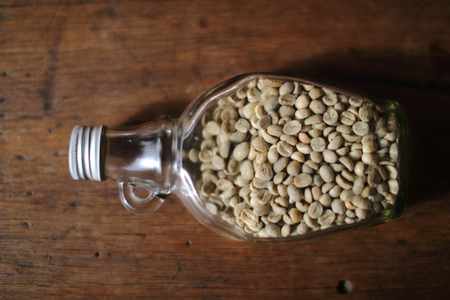 Top view of Green beans inside the clear bottle , Focus only subject , blur background,Chiangmai ,Thailandの写真素材