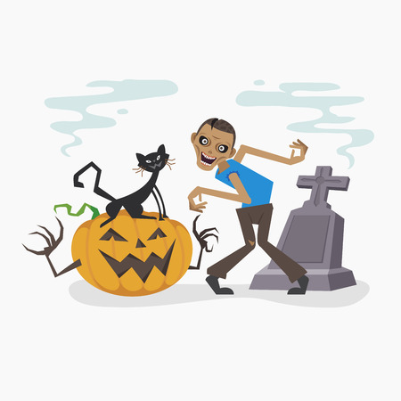Happy Halloween with zombie and black cat, Vector illustrationのイラスト素材