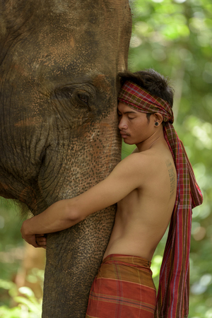 Lovely relationship between human and elephantの写真素材