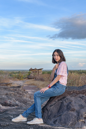 beautiful caucasian traveller with nature background, adventured girlの写真素材