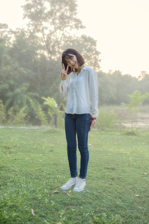 portrait beautiful caucasian college student outdoorの写真素材