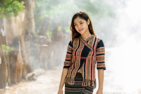 portrait of beautiful Asian woman in traditional costumeの写真素材