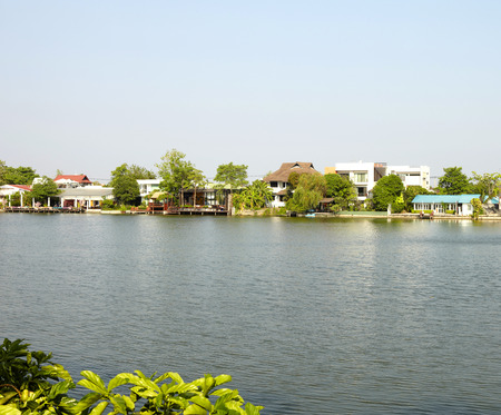  lake view in villageの写真素材