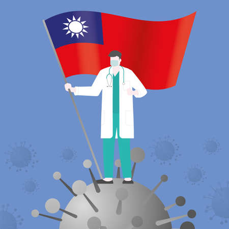 Doctor win over COVID-19 corona virus after pandemic outbreak. Holding TAIWAN country flag. Victory and success concept illustration vector. Flat and minimal styleのイラスト素材